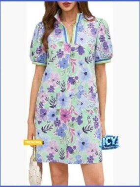 Summer Mini Dress with Puff Sleeves Floral V-Neck Loose Boho A-Line